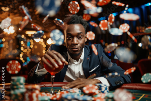 young african man sitting at casino table with many poker chips flying around and drink, black male gambling and winning, looking confident and handsome, gamble establishment concept