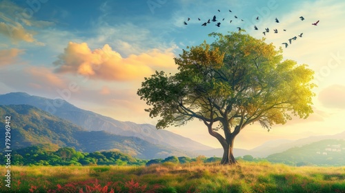 landscape nature background with big tree and grass