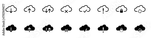Cloud upload and download icon. Cloud download arrow. Line style. Download cloud computing outline and filled black vector sign. Download symbol.