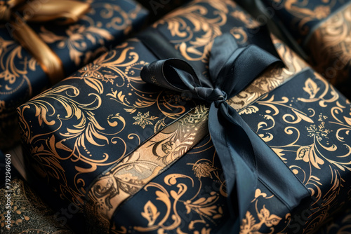 Elegant gift wrapped in black and gold floral paper with a satin ribbon photo