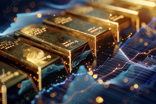 Detailed depiction gold ingots placed atop an advanced technological financial graph radiating connectivity photo