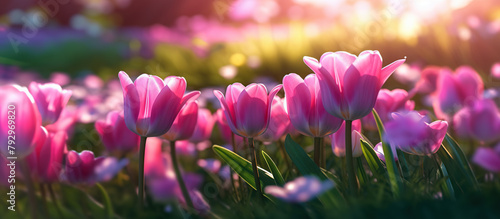 pink tulips flowering under sunlight at summer or spring day landscape. Natural view of tulip flowers blooming in the garden #792969820