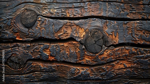 Close-up detail of charred wood planks with a deep blackened surface, showcasing the intricate patterns of cracks and texture.