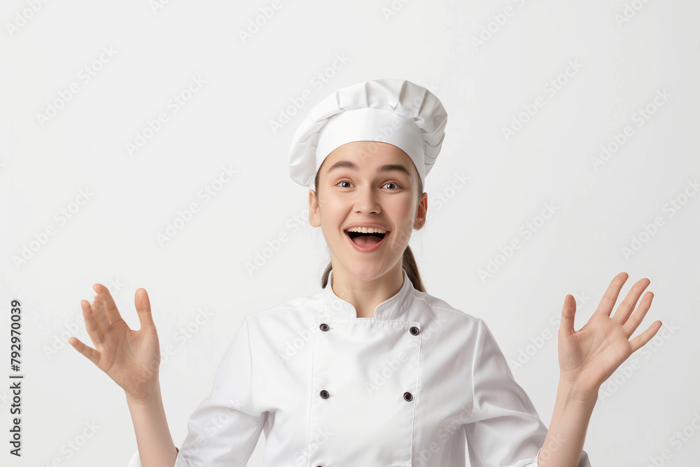 minimalist composition featuring a female chef or baker radiating joy and confidence in her profession, isolated on a white background, highlighting her passion for creating delici minimalist composition featuring a female chef or baker radiating joy and confidence in her profession, isolated on a white background, highlighting her passion for creating delici