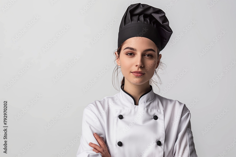 elegant composition highlighting the grace and confidence of a female chef or baker, dressed impeccably in a professional uniform and hat, against a white background, symbolizing h elegant composition highlighting the grace and confidence of a female chef or baker, dressed impeccably in a professional uniform and hat, against a white background, symbolizing h