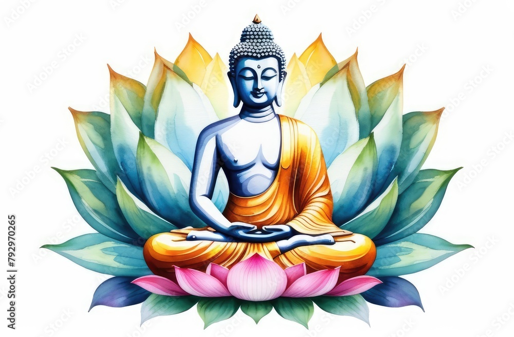 Obraz premium watercolor illustration of buddha statue in lotus pose. meditation, awareness and spirituality.
