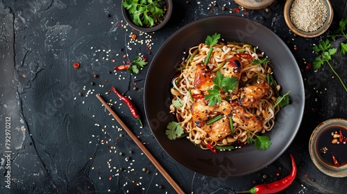 Wok soy noodles with chicken, sesame seeds, parsley and chili pepper on black background