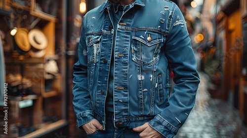 A light blue denim jacket with a distressed finish, offering a casual and trendy outerwear choice