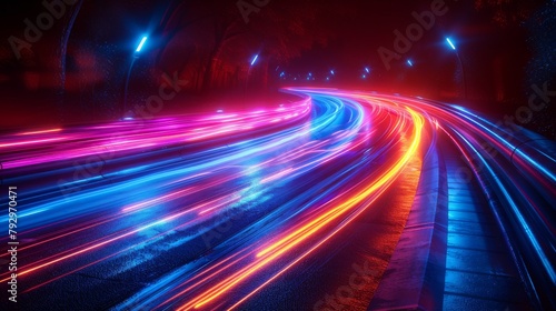 In a futuristic abstract flash perspective, a glowing road light streaks from long exposure is set against a transparent background with light motion trails.