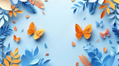 landscape nature blue background with colorful leaf and butterfly © Yuliana