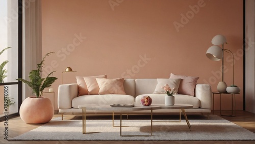 Peachy Serenity  Living Room with Soft Peach Wall  Large White Sofa  Table  and Thoughtful D  cor