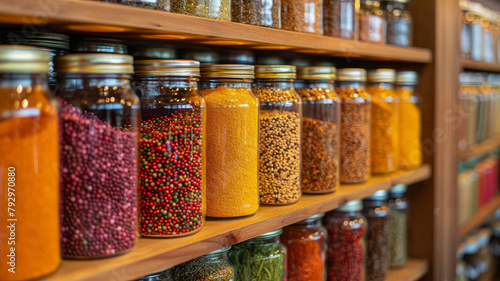 Rows of assorted spice jars on shelves.
