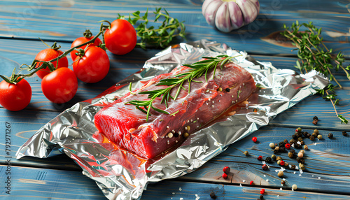 Aluminium foil roll with piece of raw meat, tomatoes, rosemary and spices on color wooden background © Oleksiy