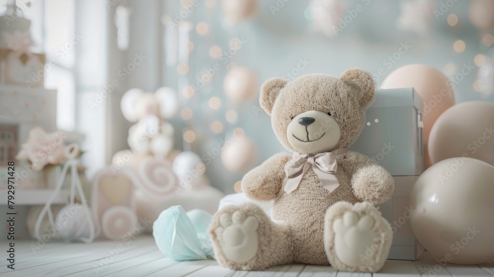 Adorable Teddy Bear in a Soft Pastel Nursery Setting for Delightful Baby Room Decor
