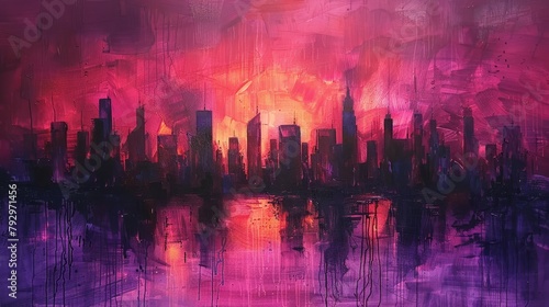 An abstract acrylic painting depicting a vibrant cityscape at sunset with bold purple and red strokes and reflective water.