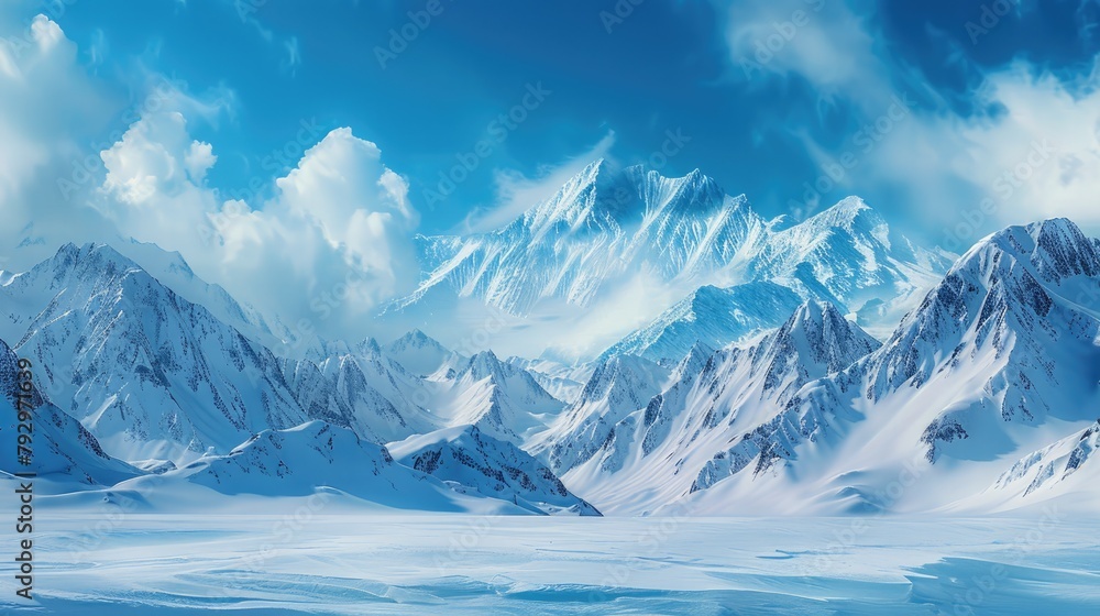 the beauty of a winter wonderland with a border of majestic snow-capped mountains against a cerulean blue sky backdrop.