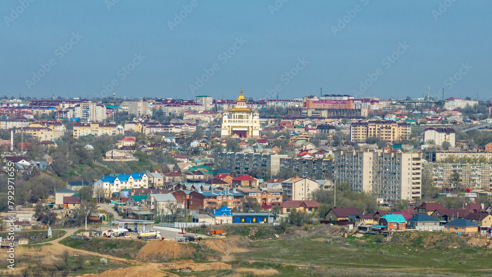 glamping in the form of national yurts of Kalmykia in the vicinity of the capital Elista on a spring day, view from a drone