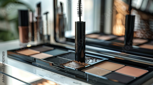 A blank mascara tube mockup with a black wand applicator, displayed on a vanity mirror with open makeup palettes. photo