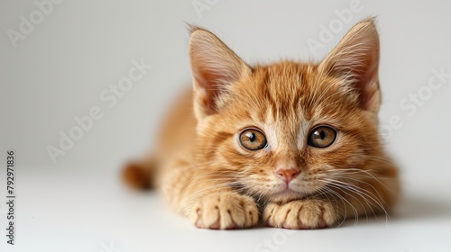 Funny red kitten close-up on white background, pet concept, banner, copy space
