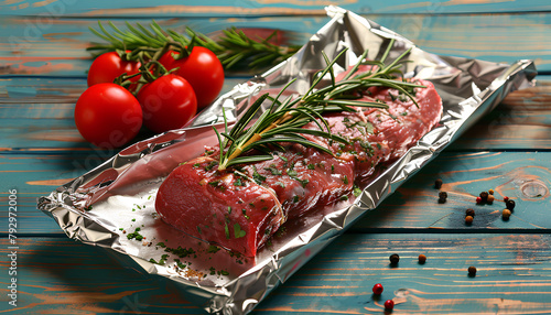 Aluminium foil roll with piece of raw meat, tomatoes, rosemary and spices on color wooden background © Oleksiy