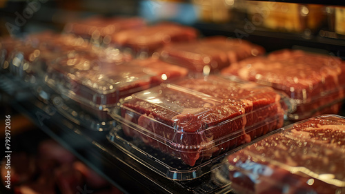Packaged meat in a supermarket fridge.
