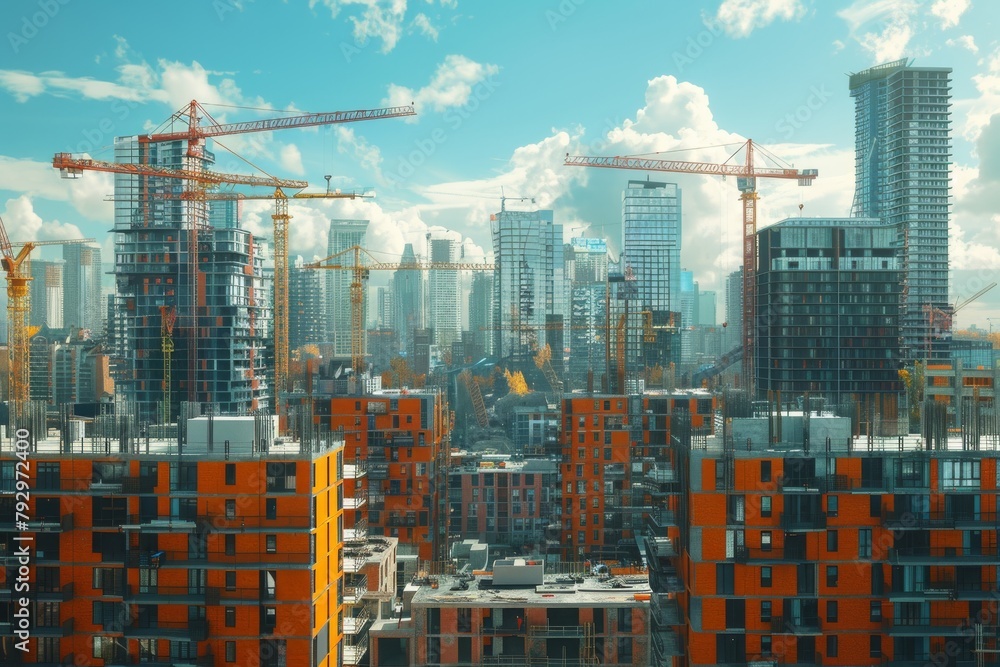 A large number of buildings are under construction, surrounded by many cranes and blue sky