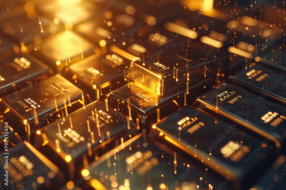 A detailed golden microchip pattern with a focus on the circuitry and technology concept, glowing with light A detailed golden microchip pattern with a focus on the circuitry and technology concept, glowing with light