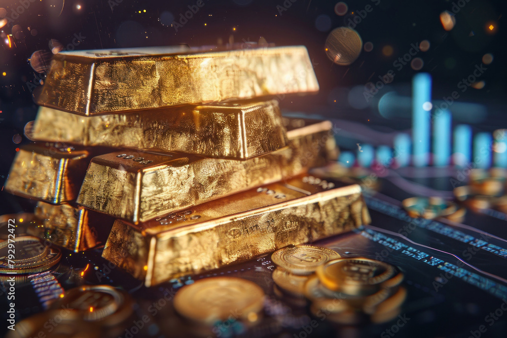 A conceptual imagery of gold bars stacked over a glowing digital financial graph representing wealth and investment