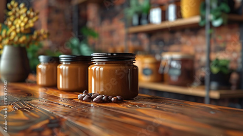 Wide photo of food containers in order, set of brown peanut butter jars, mockup on wooden table and raw nuts around