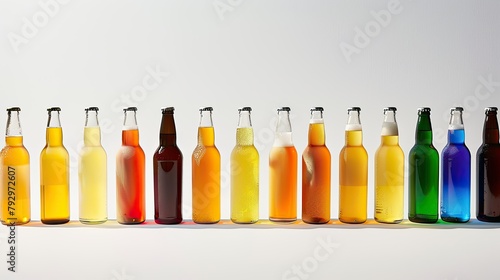 A diverse collection of beer bottles without labels stands out against a clean white backdrop showcasing a vibrant spectrum of colors to highlight their unique variety photo