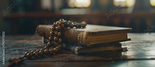 On the wooden table are religion book and rosary beads photo