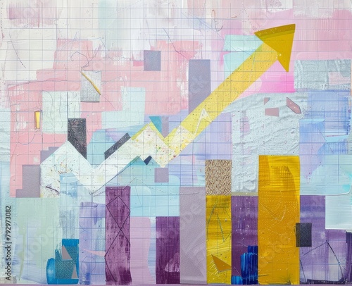 A graph with an arrow pointing upwards symbolizes growth and success with colorful painted squares of different sizes and shapes