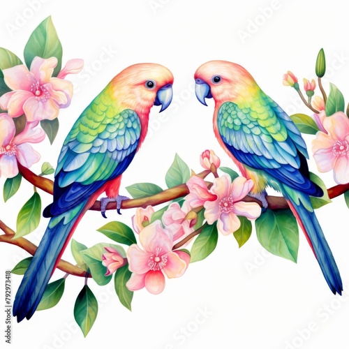 A pair of lovebirds perched on a watercolor floral branch, beaks touching softly, colorful watercolor art, isolate on white background