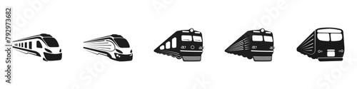 Black trains vector icons set. Collection of train logos. Railway vector set. High speed and cargo trains set. Vector illustration.