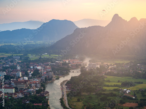 Aerial view of Vang Vieng, Laos. photo