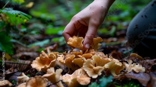 A hand picking wild wood ear mushrooms from a damp forest floor photo