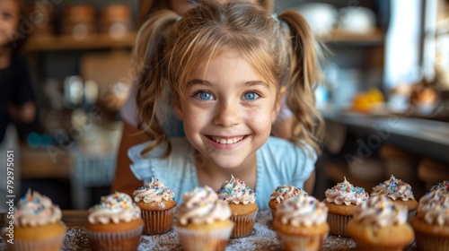 Visualize a heartwarming afternoon as the family decorates cupcakes together  with frosting and sprinkles covering the kitchen counter.