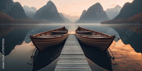 Serenity envelops the scene as a weathered wooden pier extends gracefully into the peaceful expanse of a tranquil lake, a rowboat moored securely to its post. photo
