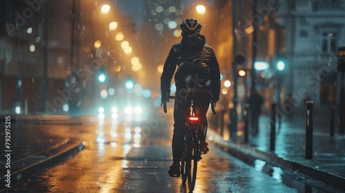 A lone cyclist navigating a city street illuminated by the glow of streetlights at night