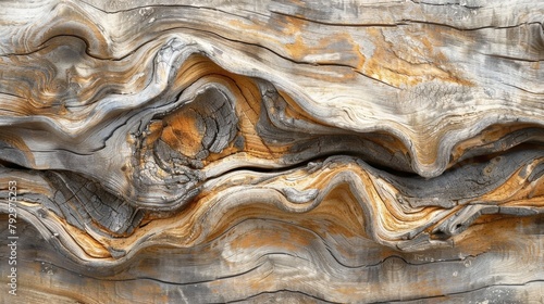 The intricate swirls of grain in weathered driftwood create an abstract and artistic natural texture.