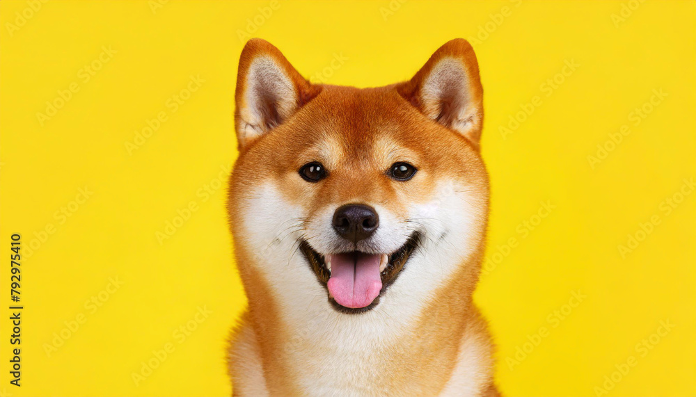 Happy smiling shiba inu dog isolated on yellow orange background with copy space. Red-haired Japanese dog smile portrait