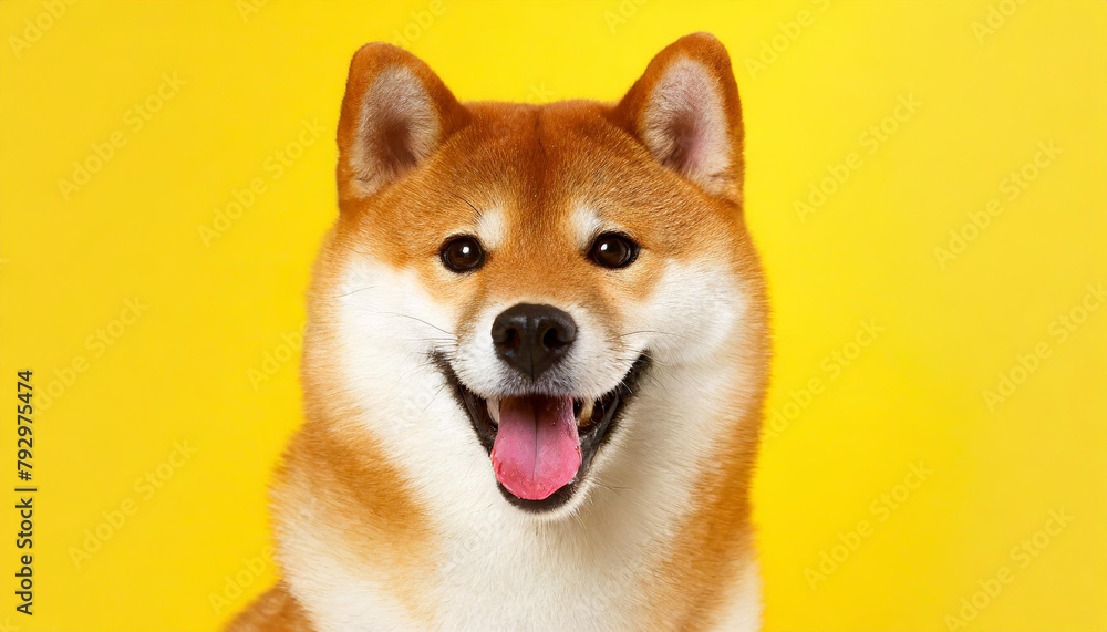 Happy smiling shiba inu dog isolated on yellow orange background with copy space. Red-haired Japanese dog smile portrait Happy smiling shiba inu dog isolated on yellow orange background with copy space. Red-haired Japanese dog smile portrait
