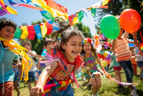 A group of laughing children celebrate International Children s Day with colorful balloons and pennants in a sunny park.