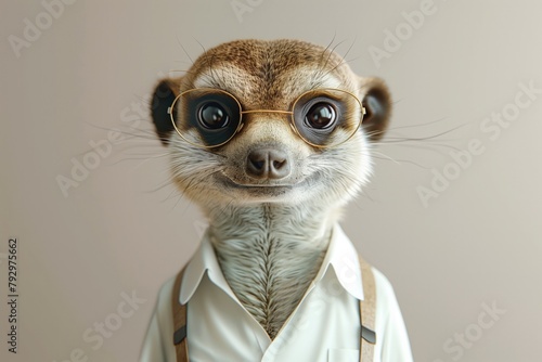 Scholarly meerkat with glasses in a white shirt, concept of education photo