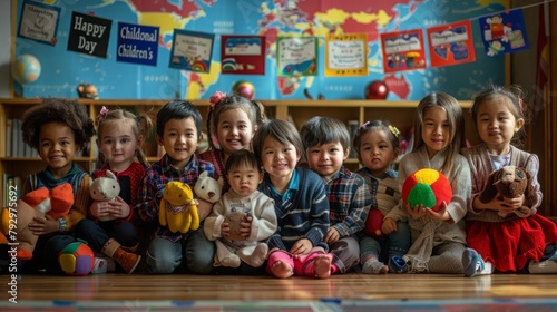 A happy group of children of different nationalities pose for a class photo in the classroom. photo