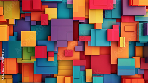 A colorful wall made of blocks with a rainbow pattern. The block arranged in an artistic pattern. Top view. 