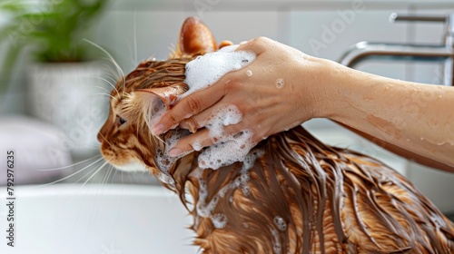 Female hands bathe a red cat, cat in soap foam close up, pet care concept, banner, copy space © Anzhela