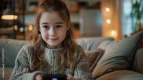 A young girl uses AI on her Android phone for everyday tasks. Concept AI Technology, Android Phone, Everyday Tasks, Young Girl, Technology Use photo