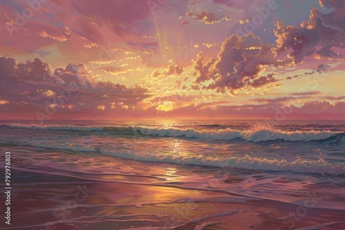 Sunrise painting hues of pink, orange, and gold over the ocean waves. © Shaheen