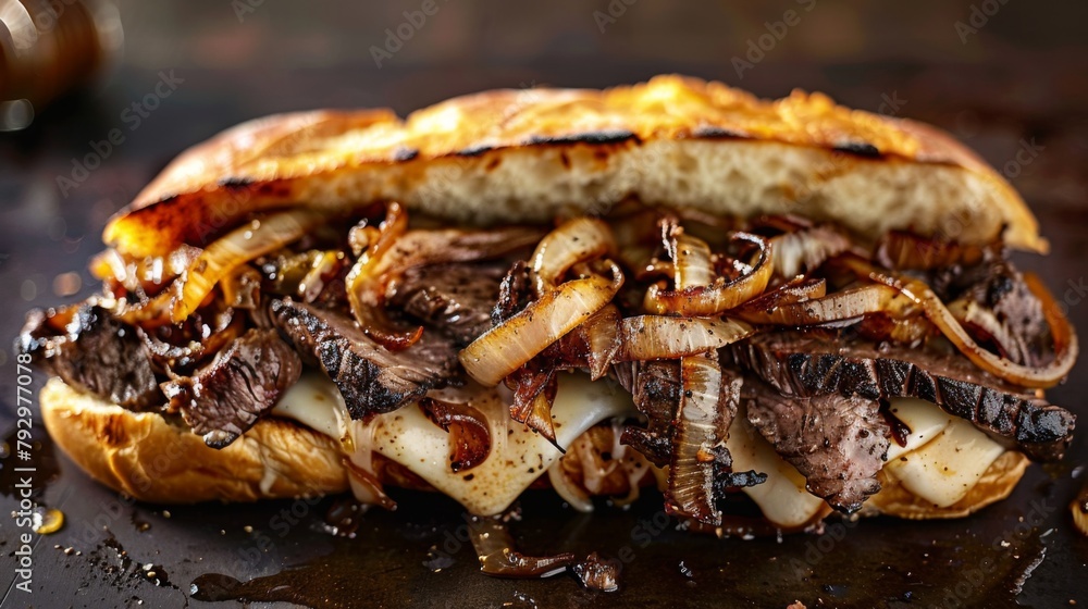 A mouthwatering steak sandwich piled high with caramelized onions and melted cheese A mouthwatering steak sandwich piled high with caramelized onions and melted cheese